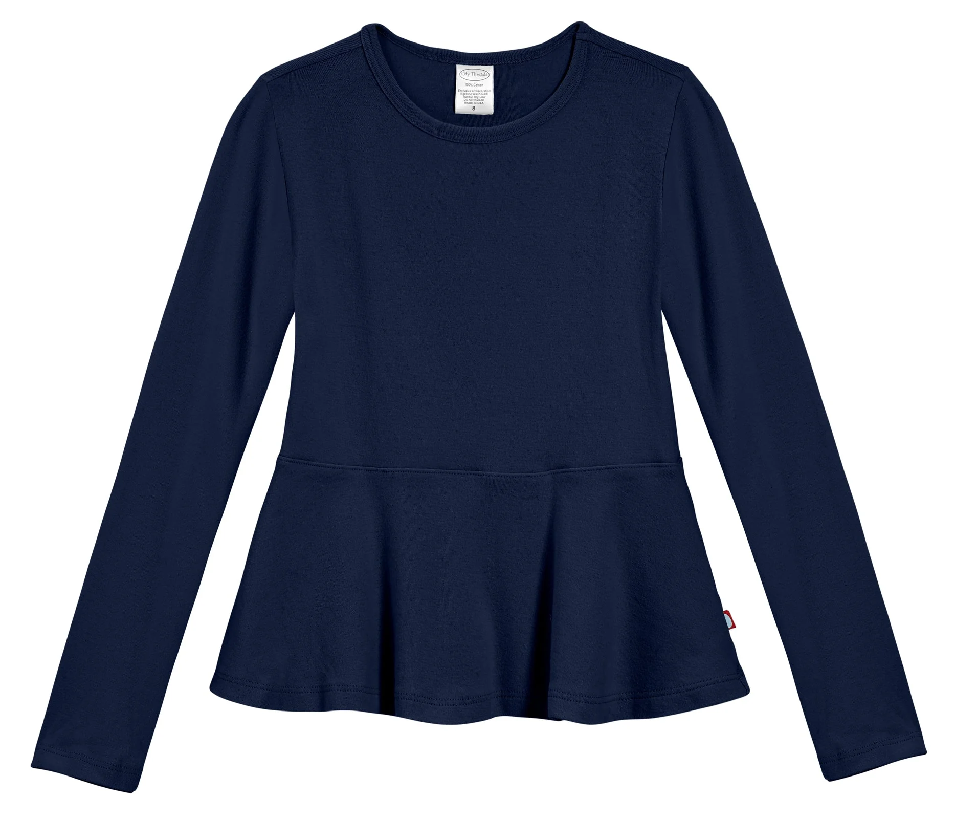 Girls Soft Cotton Long Sleeve Peplum Tee | Navy - Drispect