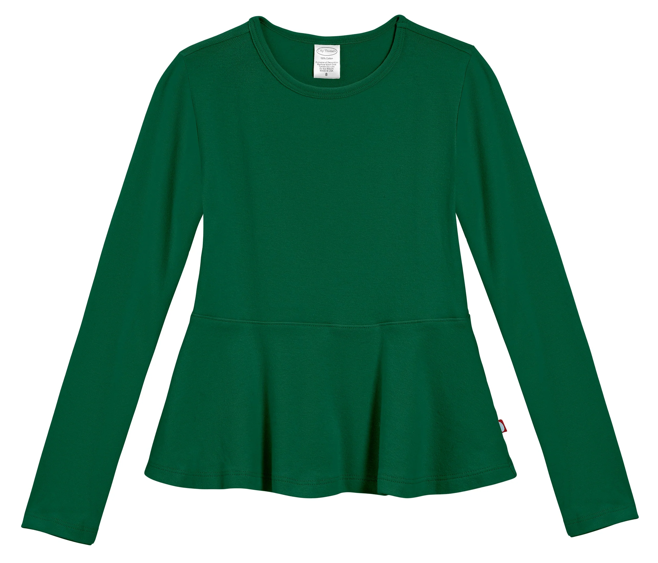 Girls Soft Cotton Long Sleeve Peplum Tee | Forest Green - Drispect