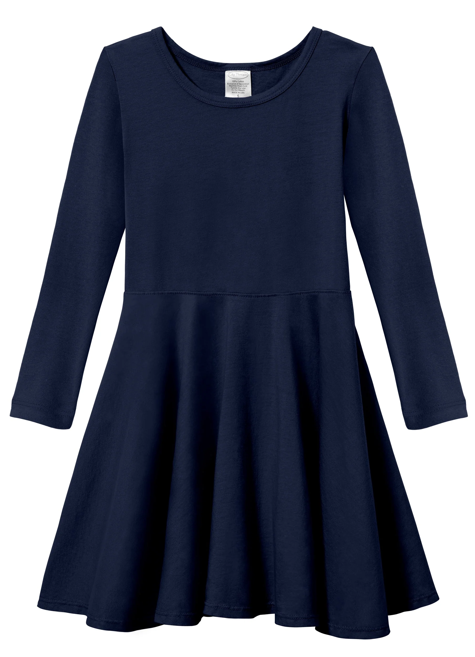 Girls Soft Cotton Jersey Long Sleeve Twirly Dress | Navy - Drispect