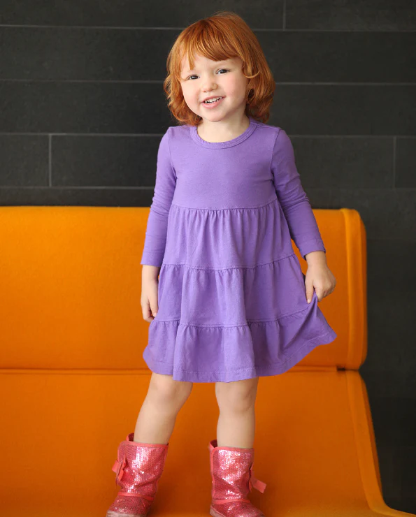 Girls Soft Cotton Jersey Long Sleeve Tiered Dress | Deep Purple - Drispect