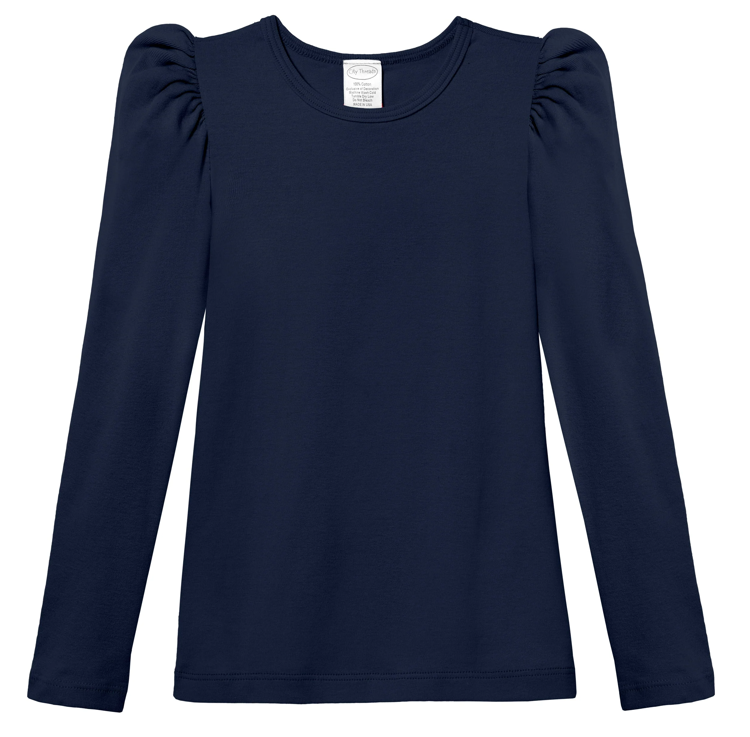 Girls Soft Cotton Puff Long Sleeve Tee | Navy - Drispect