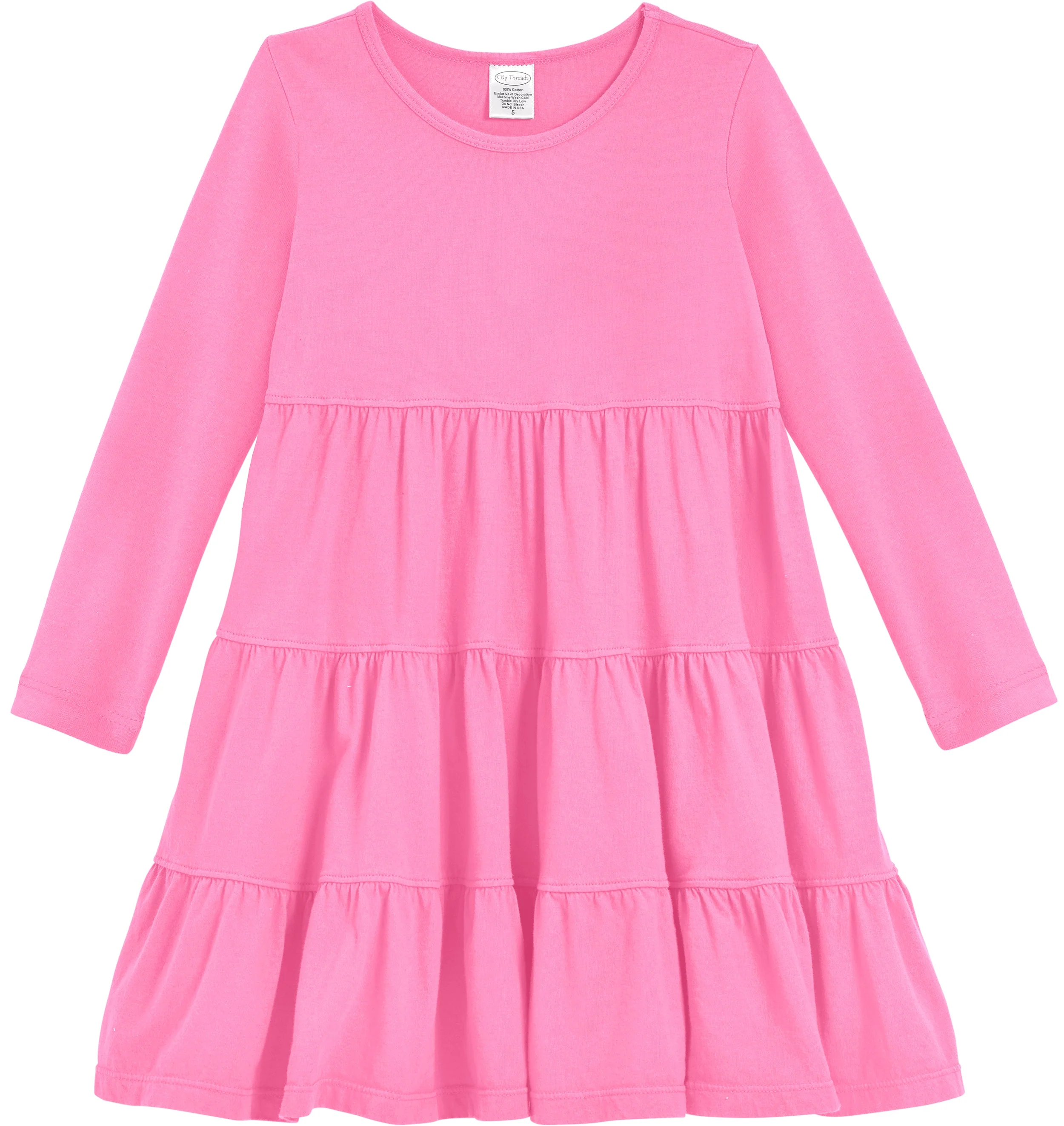 Girls Soft Cotton Jersey Long Sleeve Tiered Dress | Medium Pink - Drispect