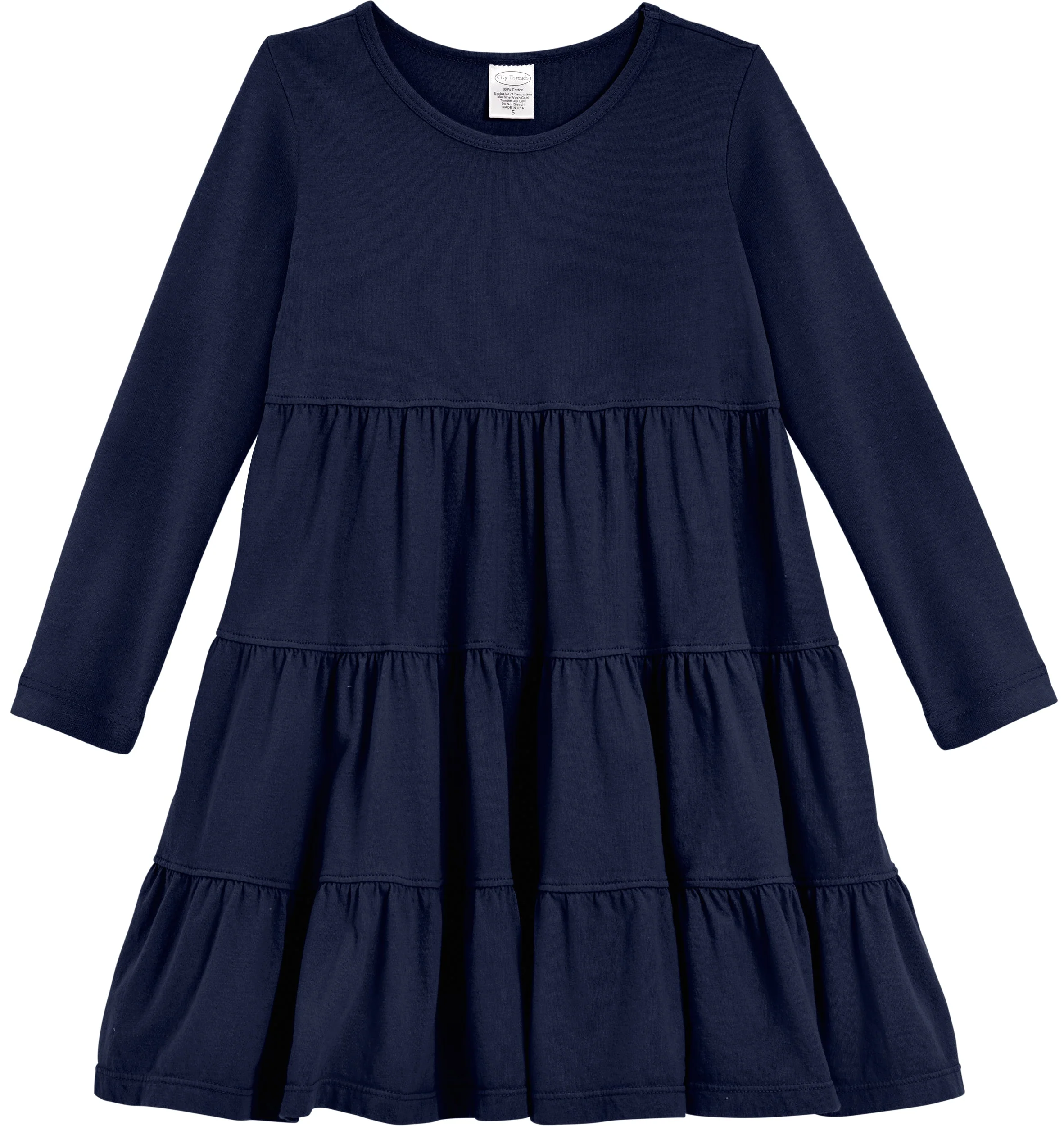 Girls Soft Cotton Jersey Long Sleeve Tiered Dress | Navy - Drispect