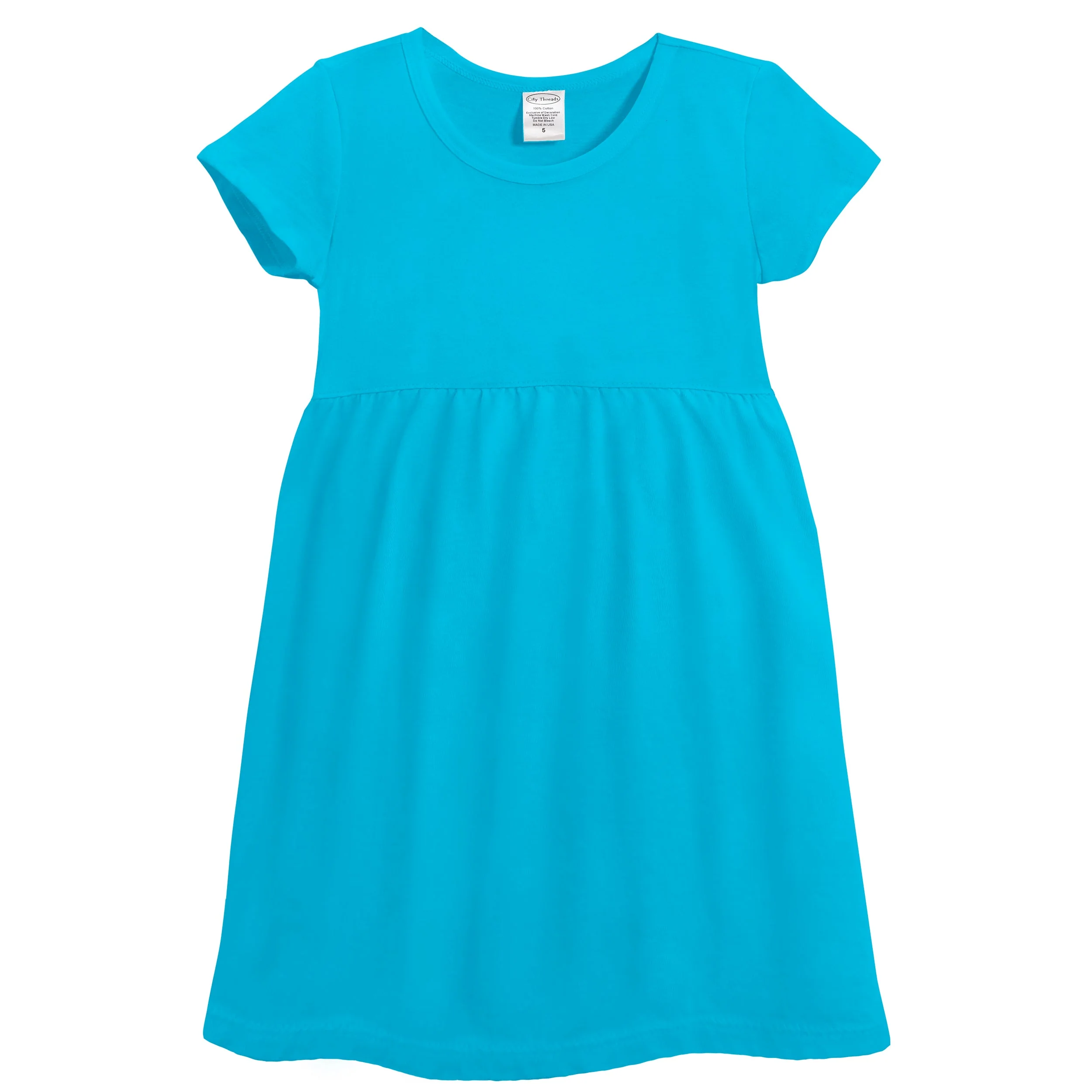 Soft Organic Cotton Empire Short Sleeve Sundress | Turquoise - Drispect