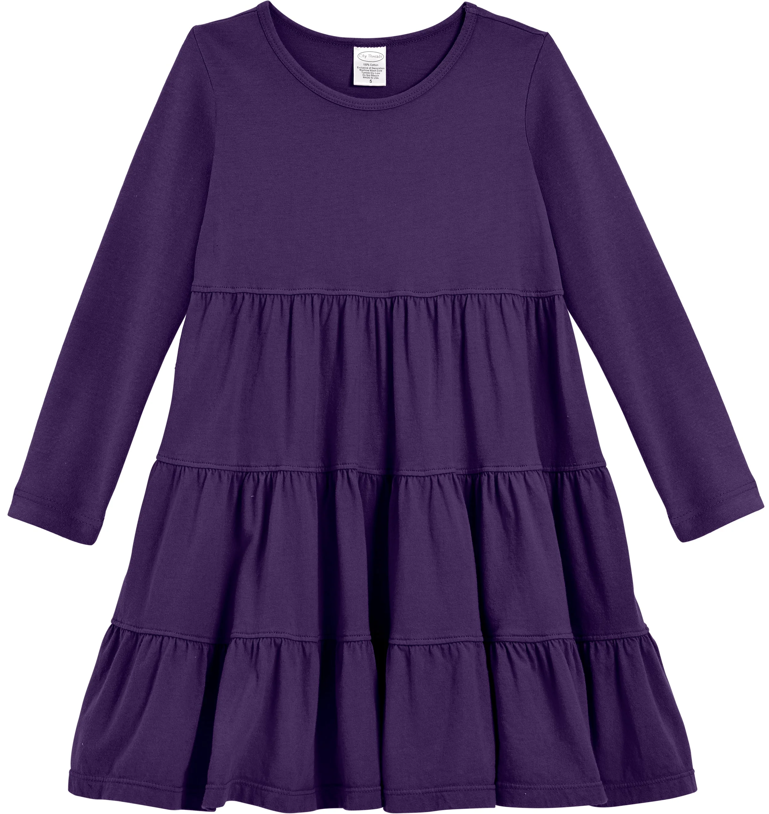 Girls Soft Cotton Jersey Long Sleeve Tiered Dress | Purple - Drispect