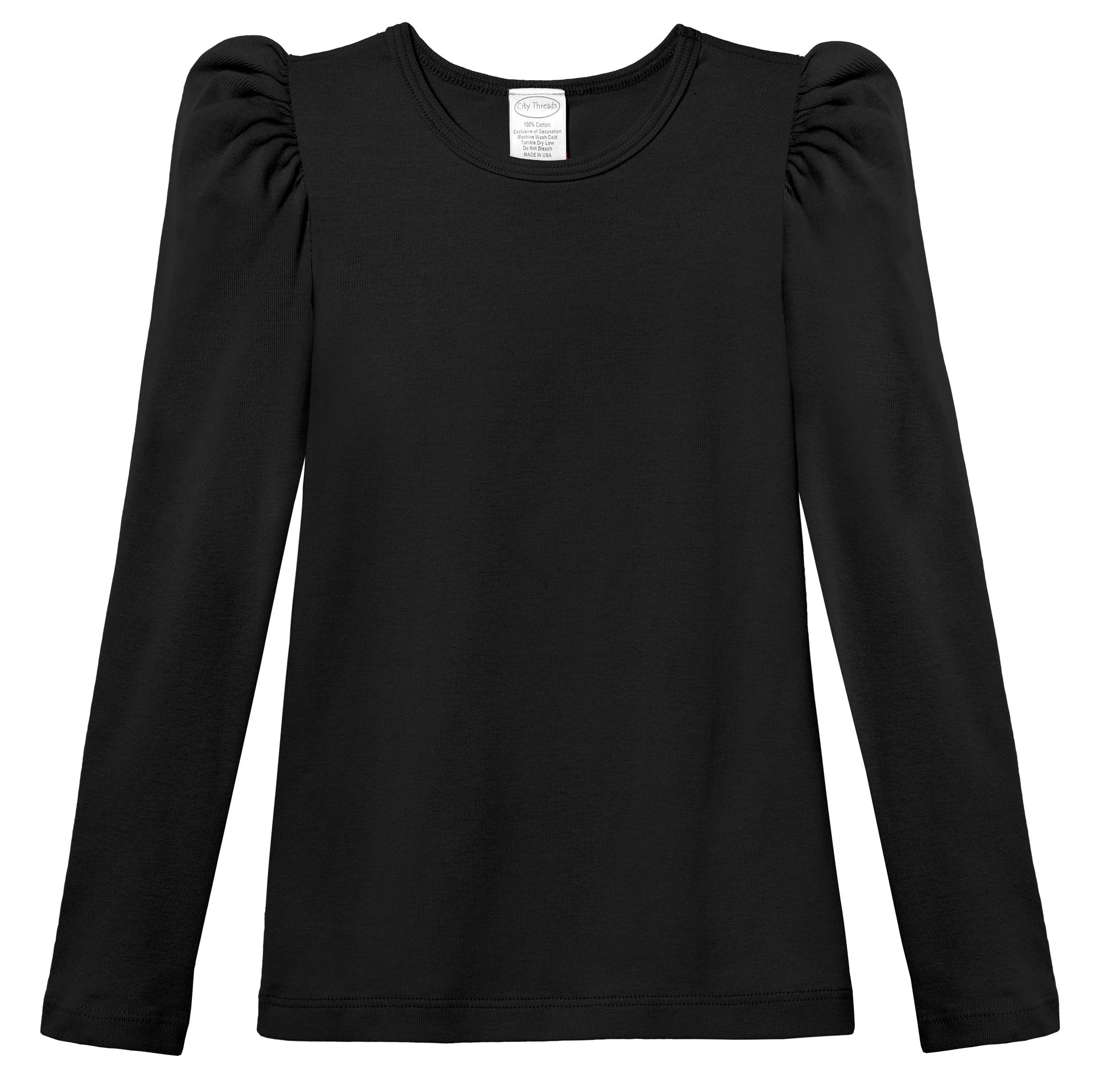 Girls Soft Cotton Puff Long Sleeve Tee | Black - Drispect