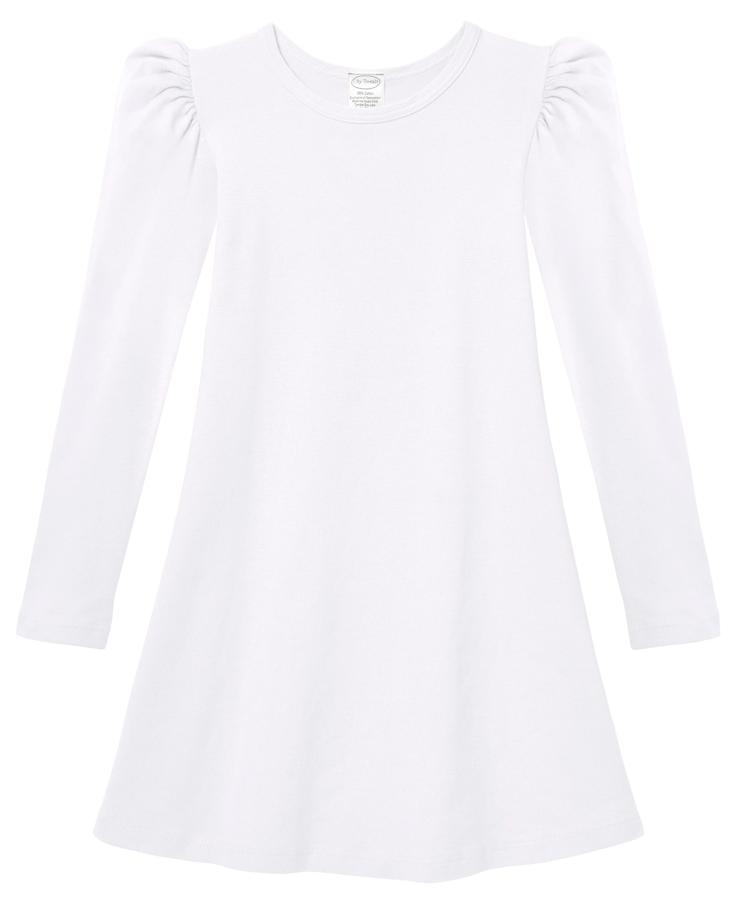 Girls Soft Cotton Puff Long Sleeve Dress | White - Drispect