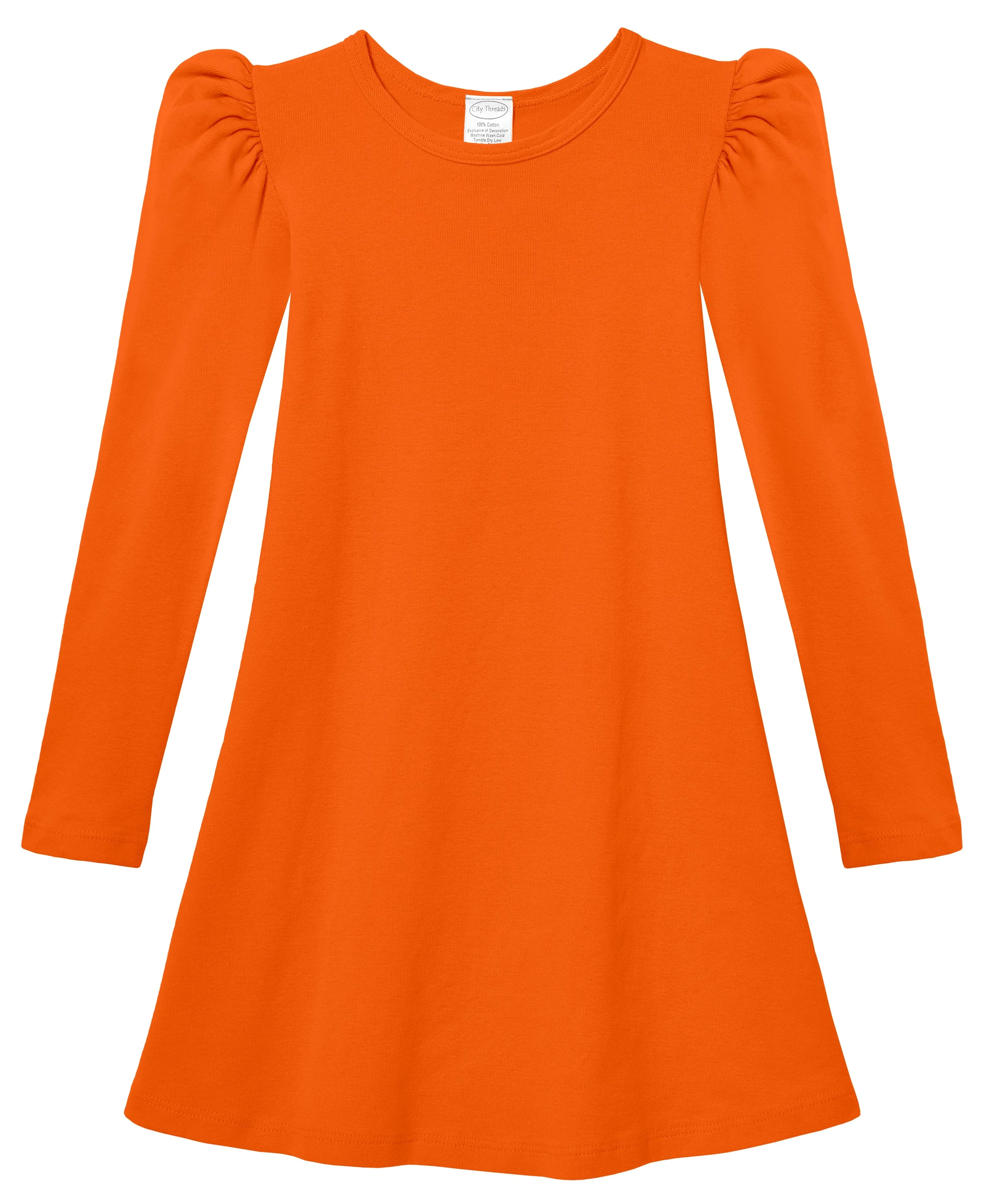 Girls Soft Cotton Puff Long Sleeve Dress | Orange - Drispect