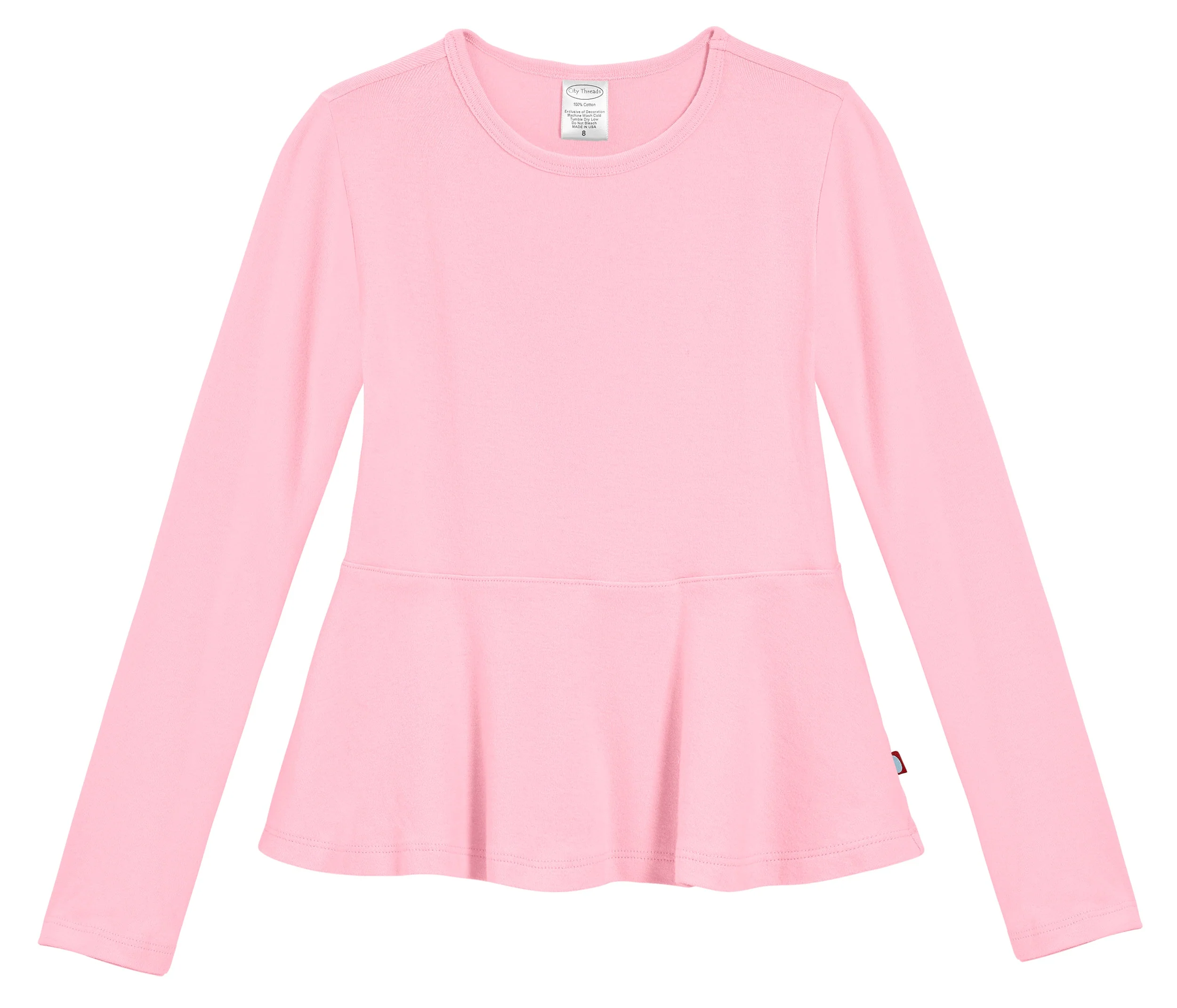 Girls Soft Cotton Long Sleeve Peplum Tee | Pink - Drispect