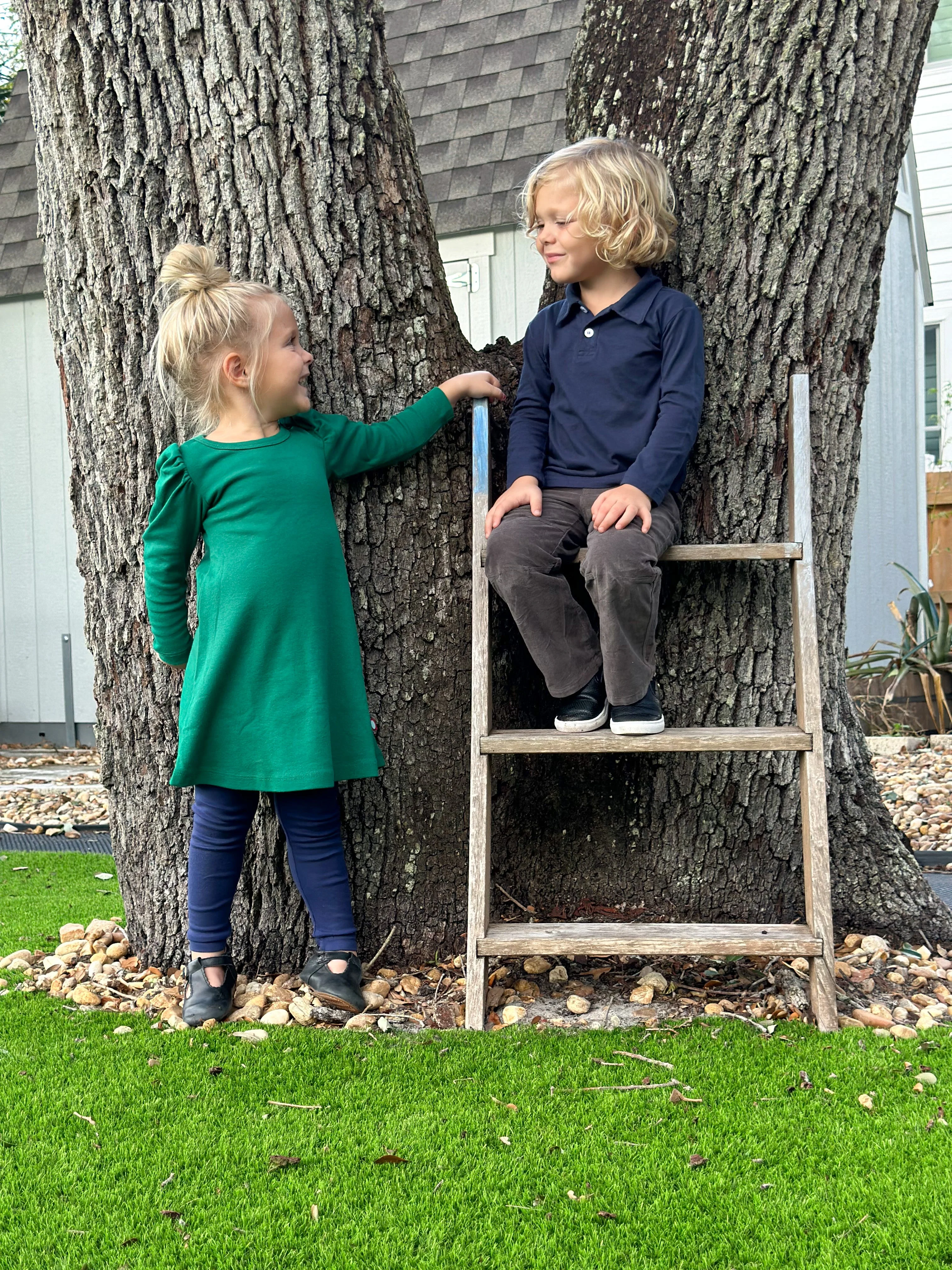 Girls Soft Cotton Puff Long Sleeve Dress | Navy - Drispect